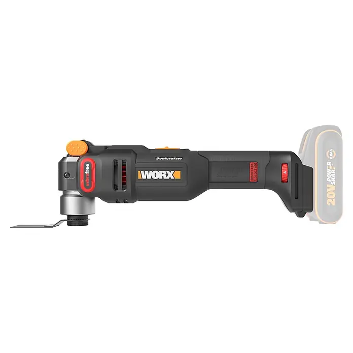 Worx PowerShare 20V Akku-Multifunktionswerkzeug WX698.9 - 20 V, Anzahl Akkus: Ohne Akku, Oszillationswinkel: -2,5 ° - 2,5 °, Sonstige - Worx Sonicrafter Oszillations-Multifunktionswerkzeug in Schwarz-Orange mit Metallklinge, mit VibraFree und Power Share Technologie.