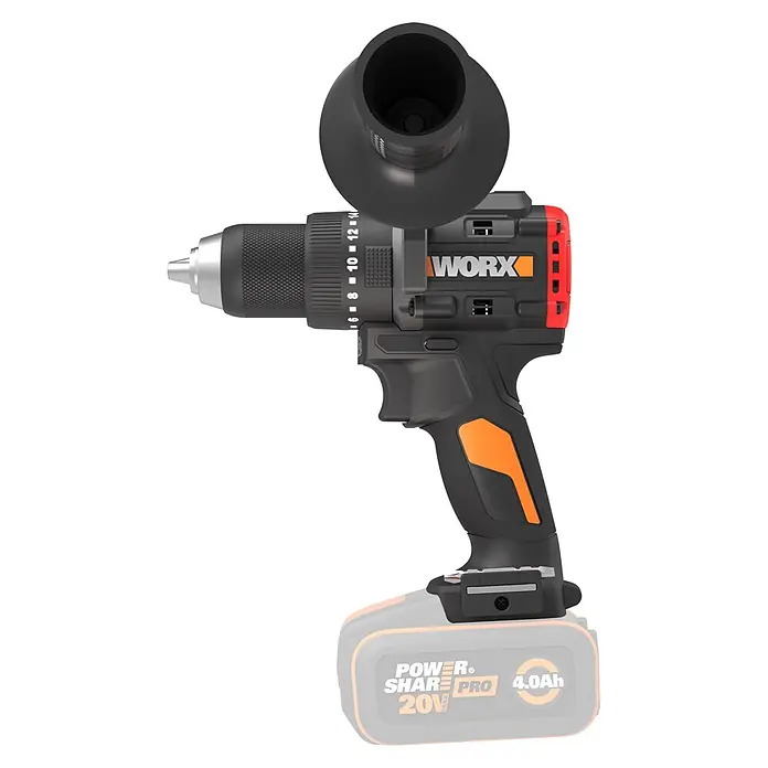 Worx PowerShare 20V Akku-Schlagbohrschrauber WX356.9 - 20 V, Ohne Akku, 85 Nm - Schwarze und orange Worx Akku-Bohrmaschine mit Staubabsaugung, betrieben von einem 20V 4.0Ah Akku.