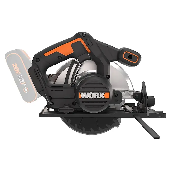 Worx PowerShare 20V Akku-Handkreissäge WX526.9 - Ohne Akku, Durchmesser Sägeblatt: 165 mm, 4.700 U/min - Eine schwarz-orangefarbene Akku-Kreissäge mit angeschlossenem 20V-Akku.