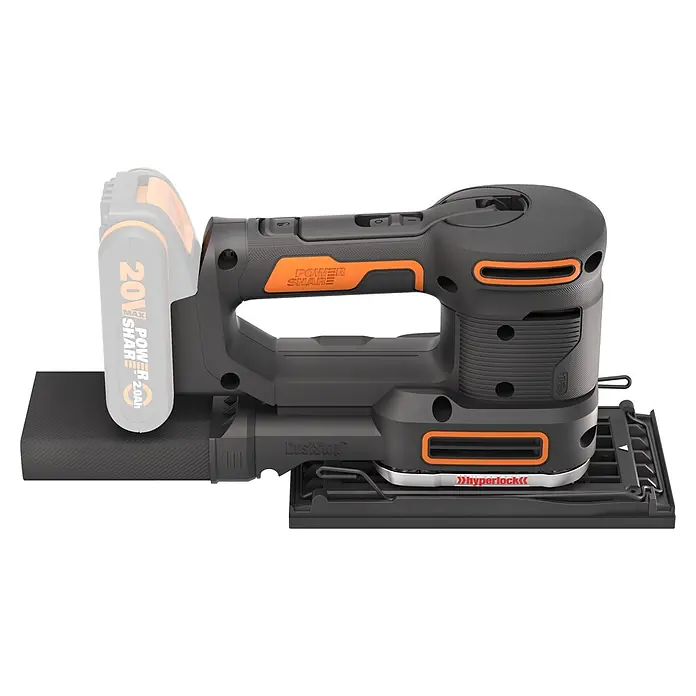 Worx PowerShare 20V Akku-Multischleifer WX820.9 - 20 V, Ohne Akku, Leerlaufschwingzahl: 4.000 U/min - 10.000 U/min - Akku-Schwingschleifer in Dunkelgrau mit orangen Akzenten und einem 20V-Akkupack.