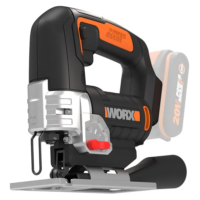 Worx PowerShare 20V Akku-Pendelhubstichsäge WX543.9 - 20 V, Anzahl Akkus: Ohne Akku, 0 /min - 2.600 /min - Eine schwarz-orange kabellose WORX Stichsäge mit silberner Basis, rotem Knopf und "POWER SHARE"-Branding.