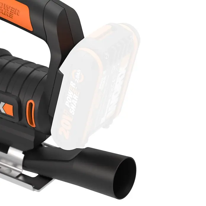 Worx PowerShare 20V Akku-Pendelhubstichsäge WX543.9 - 20 V, Anzahl Akkus: Ohne Akku, 0 /min - 2.600 /min - Schwarze und orange Stichsäge mit Staubabsauganschluss an der Vorderseite.