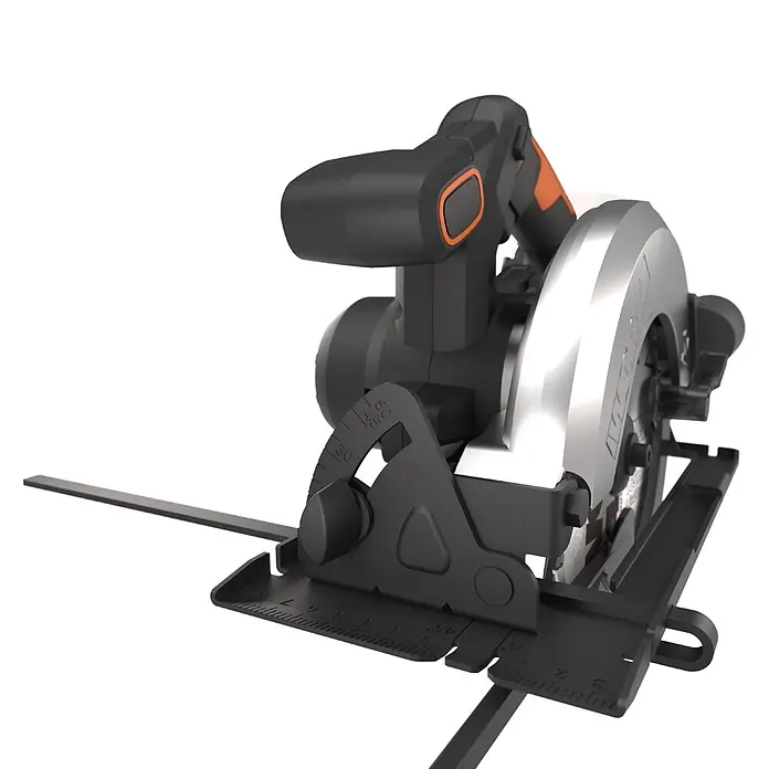 Worx PowerShare 20V Akku-Handkreissäge WX526.9 - Ohne Akku, Durchmesser Sägeblatt: 165 mm, 4.700 U/min - Schwarze und orangefarbene Kreissäge mit silbernem Blattschutz und Messmarkierungen.