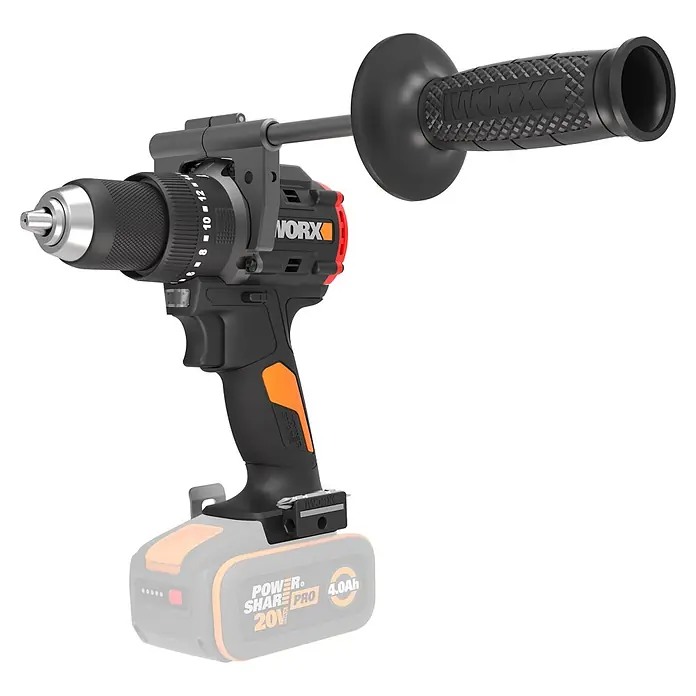 Worx PowerShare 20V Akku-Schlagbohrschrauber WX356.9 - 20 V, Ohne Akku, 85 Nm - Schwarze und orange WORX Akku-Bohrmaschine mit silbernem Bohrfutter und verstellbarem Seitenhandgriff, angetrieben von einem 20V Akku.