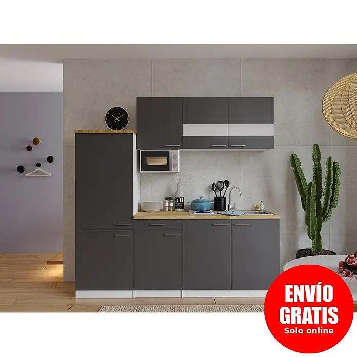 Respekta Composición de cocina - Ancho: 210 cm, Gris, Con electrodomésticos - Muebles de cocina modulares gris oscuro con encimeras de madera clara, detalles blancos y espacio para microondas integrado. Cocina completa.