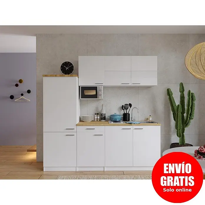 Respekta Composición de cocina - Ancho: 210 cm, Blanco, Con electrodomésticos - Cocina modular blanca moderna con encimeras de madera clara, con almacenaje, fregadero y espacio para electrodomésticos.