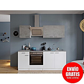 Respekta Cocina compacta Malia (Ancho: 210 cm, Blanco, Gris, Decoración encimera: Efecto cemento)