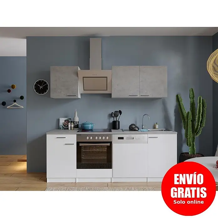 Respekta Cocina compacta Malia - Ancho: 220 cm, Blanco, Gris, Decoración encimera: Efecto cemento - Cocina moderna con muebles bajos blancos, armarios altos efecto hormigón, horno, placa, lavavajillas y fregadero integrados.