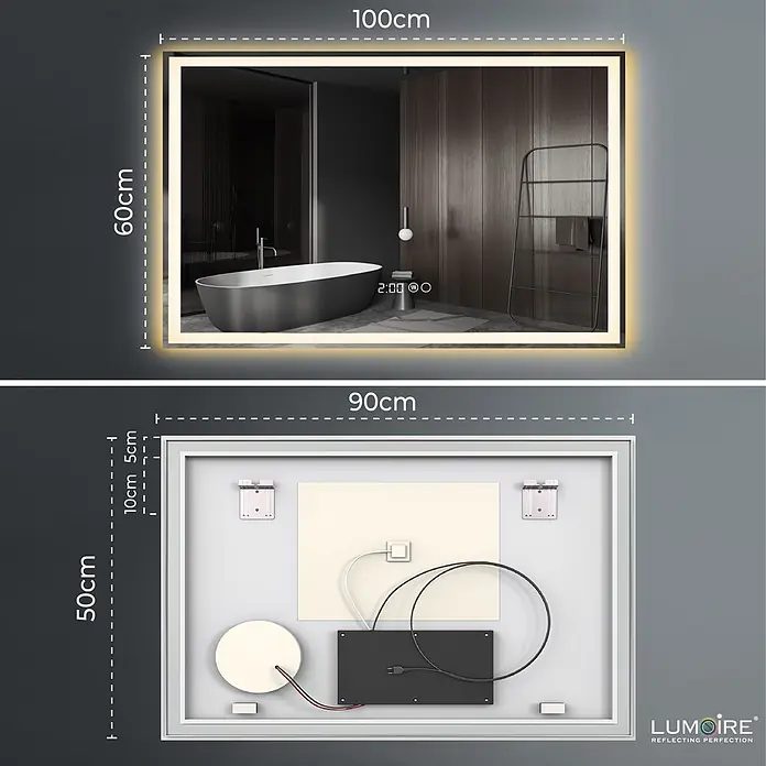 Lumoire Lichtspiegel TRON -  - Rechteckiger LED-Spiegel (100x60cm) mit beleuchteten Kanten, Digitaluhr und Antibeschlag. Rückansicht zeigt Montagerahmen (90x50cm) und Innenkomponenten.