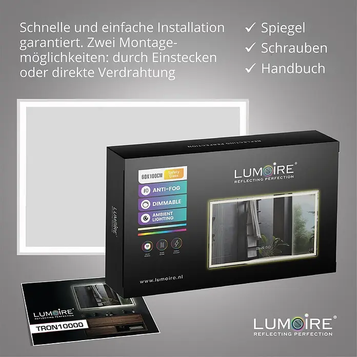 Lumoire Lichtspiegel TRON -  - LUMOIRE Spiegel mit schwarzer Verpackung, hervorhebend Anti-Beschlag, dimmbare und Umgebungsbeleuchtung.