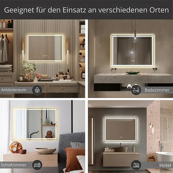 Lumoire Lichtspiegel TRON - 120 x 60 cm - Rechteckiger Spiegel mit integrierter Beleuchtung und Digitalanzeige, gezeigt in Ankleidezimmer, Bad, Schlafzimmer und Hotel.