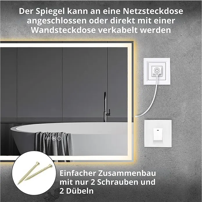 Lumoire Lichtspiegel TRON - 120 x 60 cm - Rechteckiger LED-Badezimmerspiegel mit Stecker- oder Festverdrahtungsoption und einfacher Installation mit 2 Schrauben und 2 Dübeln.