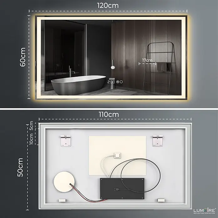 Lumoire Lichtspiegel TRON - 120 x 60 cm - Rechteckiger LED-Spiegel, 120x60cm, mit beleuchtetem Rahmen und integriertem Display. Rückseite zeigt Verkabelung und Montage.