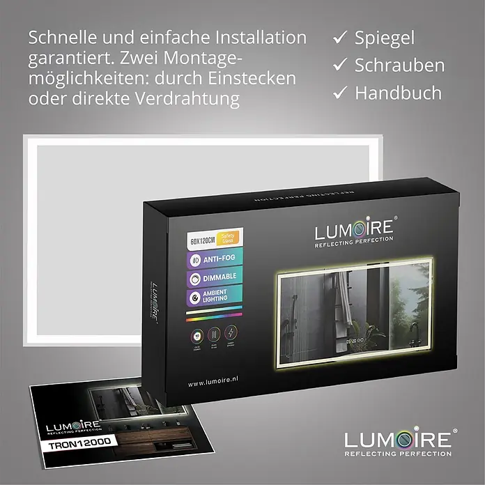 Lumoire Lichtspiegel TRON - 120 x 60 cm - LUMOIRE beleuchteter Spiegel (60x120cm) mit Antibeschlag, dimmbar, und Ambientebeleuchtung. Verpackung und Broschüre dabei.