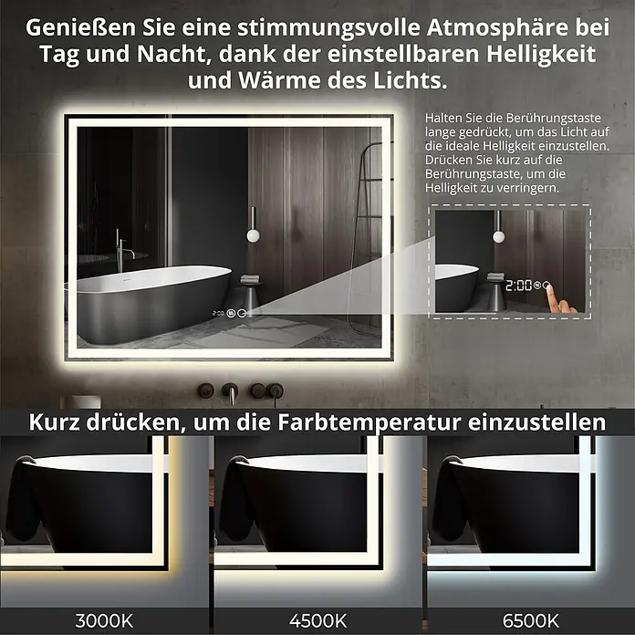Lumoire Lichtspiegel TRON - 120 x 60 cm - LED-beleuchteter Spiegel im Badezimmer mit einstellbarer Helligkeit und Farbtemperatur (3000K-6500K).