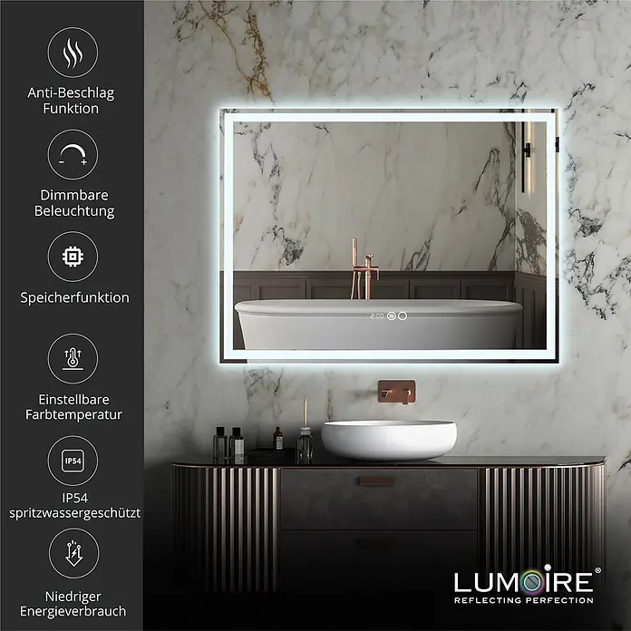 Lumoire Lichtspiegel TRON - 120 x 60 cm - Rechteckiger LED-Badezimmerspiegel mit Anti-Beschlag, dimmbarer und einstellbarer Farbtemperaturbeleuchtung, Speicherfunktion und IP54 Spritzschutz.
