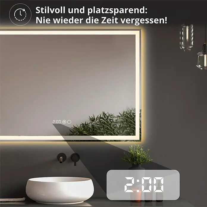 Lumoire Lichtspiegel TRON - 120 x 60 cm - Moderner beleuchteter Badezimmerspiegel mit integrierter Digitaluhr (zeigt 2:00) und Temperaturanzeige über einem weißen Waschbecken.