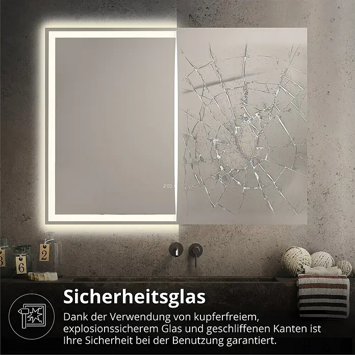 Lumoire Lichtspiegel TRON - 120 x 60 cm - Badezimmerspiegel, links beleuchtet und intakt, rechts als splitterfreies Sicherheitsglas zerbrochen.