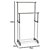 Perchero doble con ruedas y zapatero (L x An x Al: 75 x 42 x 165 cm, Aluminio, Plateado)