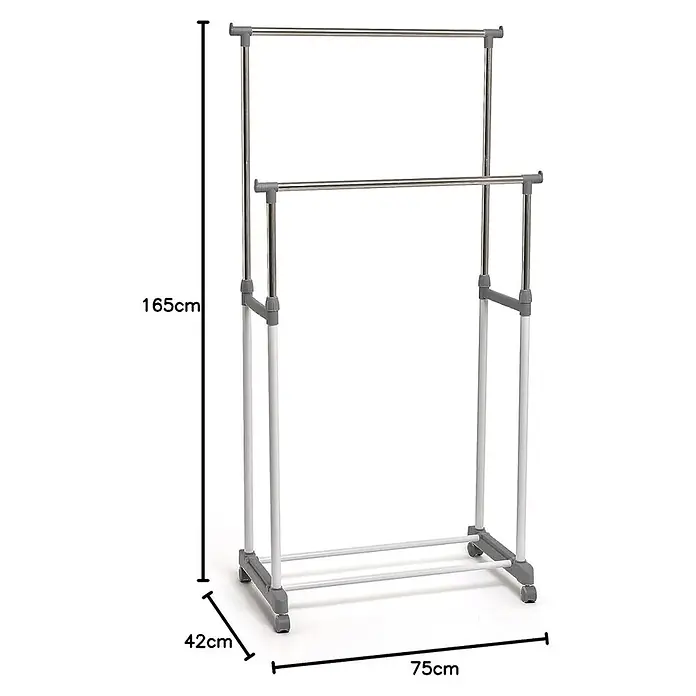Perchero con ruedas doble - L x An x Al: 75 x 42 x 165 cm, Aluminio - Perchero doble plateado y gris con ruedas, de 165 cm de alto, 75 cm de ancho y 42 cm de profundidad.