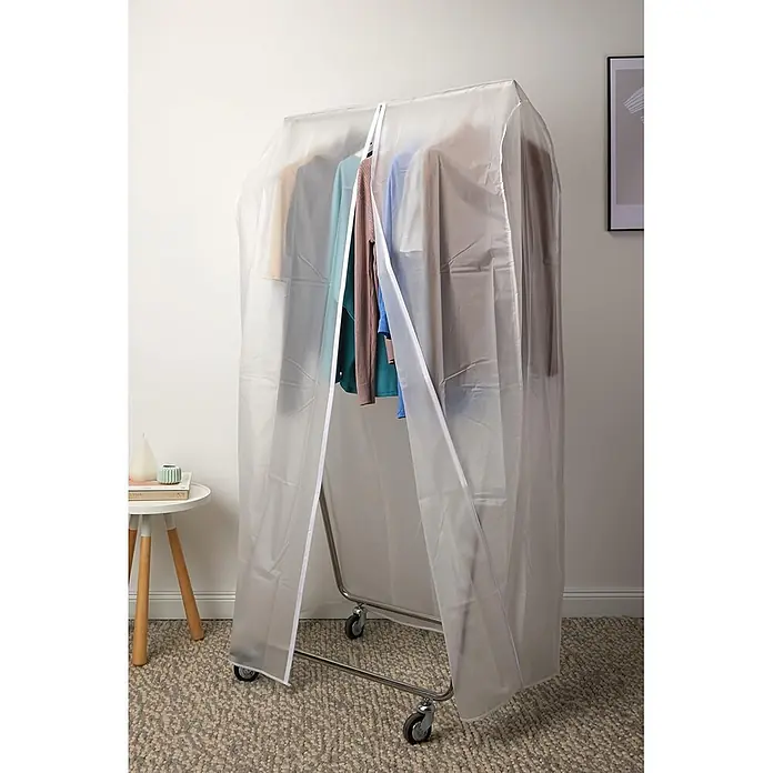 Funda para el perchero - L x An x Al: 90 x 50 x 160 cm, Blanco - Funda de plástico transparente para perchero, protege la ropa en un burro con ruedas.