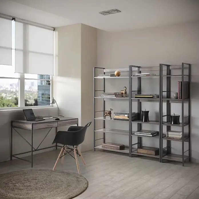Estantería de madera Kala Industrial - Al x An x Pr: 150 x 52 x 30 cm, Número de baldas: 5 ud., Atornillado, Marrón/Negro - Oficina en casa con escritorio, silla y una gran estantería a juego de madera y metal de estilo industrial.