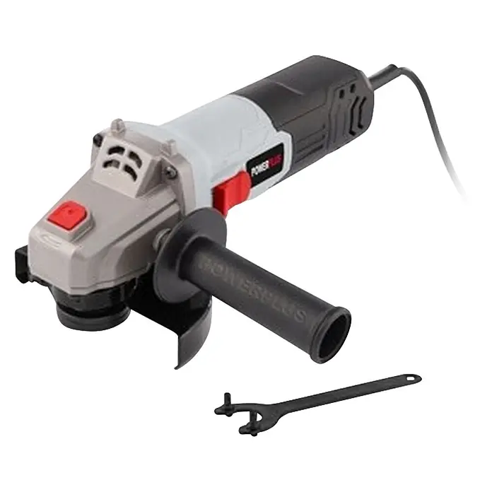 PowerPlus Amoladora angular eléctrica POWC30100 - 500 W, Diámetro disco: 115 mm, 11.000 r.p.m. - Herramienta eléctrica gris y negra, una amoladora angular, con su empuñadura auxiliar y llave.