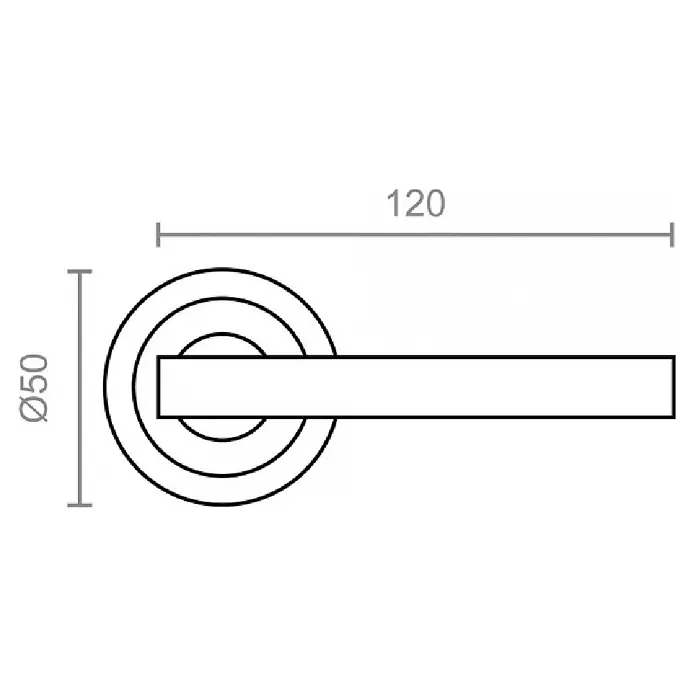 Micel Conjunto de picaporte 606 - Grosor de la puerta: 35 mm - 45 mm, Aluminio, Recto, Negro - Dibujo técnico de una manilla de puerta con base circular de 50mm de diámetro y empuñadura rectangular de 120mm de largo.