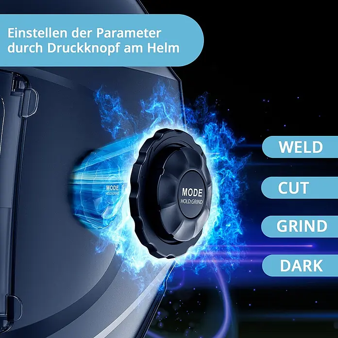 STAHLWERK Schweißhelm BOOSTER AIR Automatik Schweißhelm - Schwarz - Schwarzer Einstellknopf am dunklen Helm zur Auswahl der Betriebsmodi (Schweißen, Schneiden, Schleifen, Dunkel).