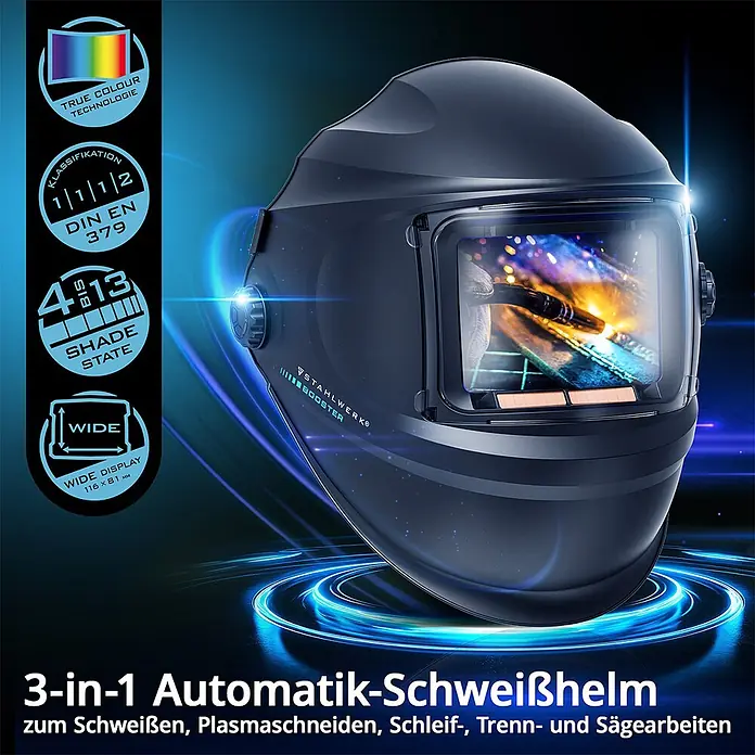 STAHLWERK Schutzhelm Schweißhelm BOOSTER -  - Dunkelgrauer Automatik-Schweißhelm mit breitem Sichtfenster, das einen Schweißvorgang zeigt; vielseitig für Schweißen, Schneiden und Schleifen einsetzbar.