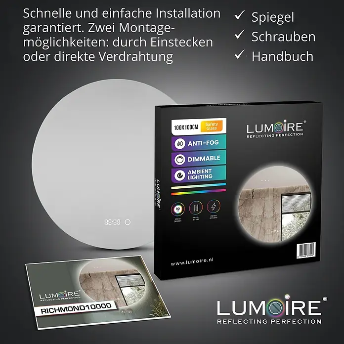 Lumoire Lichtspiegel RICHMOND - 100 x 100 cm - Runder LED-Badezimmerspiegel mit Anti-Beschlag-, Dimm- und Umgebungslichtfunktionen, dargestellt mit Produktverpackung und Informationsblatt.