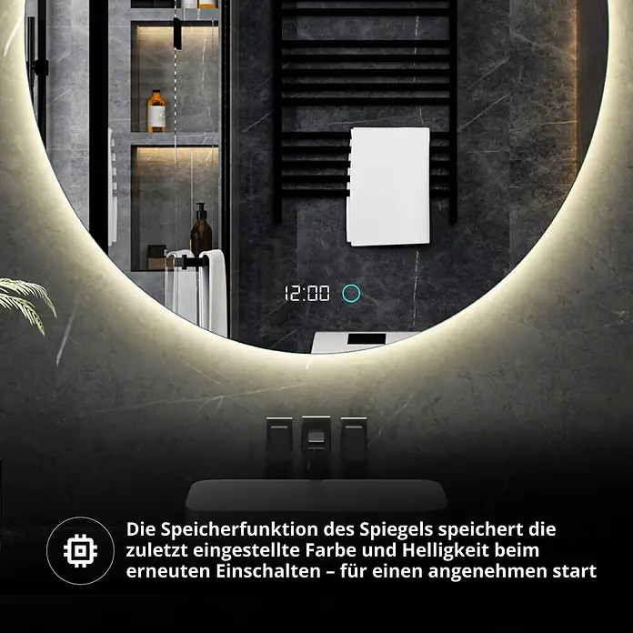 Lumoire Lichtspiegel RICHMOND - 100 x 100 cm - Runder, beleuchteter Spiegel mit Zeitanzeige und Memory-Funktion in einem modernen Badezimmer.