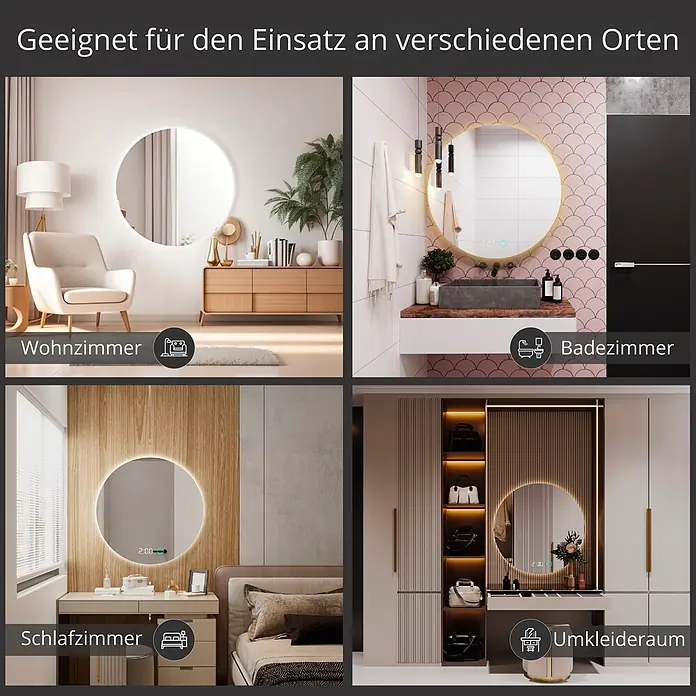 Lumoire Lichtspiegel RICHMOND - 100 x 100 cm - Runder LED-Spiegel, geeignet für verschiedene Räume wie Wohnzimmer, Bad, Schlafzimmer und Ankleidezimmer, zeigt vielseitige Nutzung.