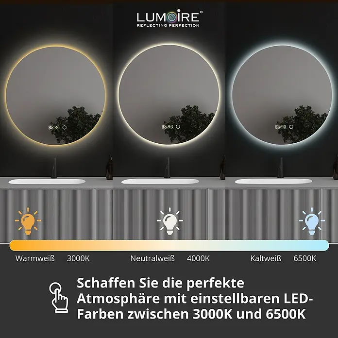 Lumoire Lichtspiegel RICHMOND - 100 x 100 cm - Drei runde LED-Spiegel zeigen einstellbare Lichttemperaturen von warmweiß (3000K) bis kaltweiß (6500K).