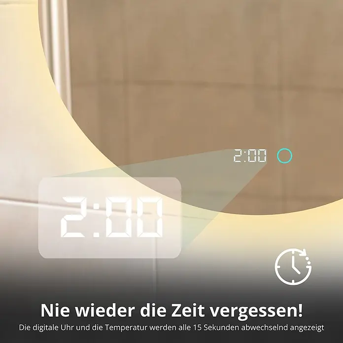 Lumoire Lichtspiegel RICHMOND - 60 x 60 cm - Badezimmerspiegel mit integrierter digitaler Uhr und Temperaturanzeige, beleuchtet.
