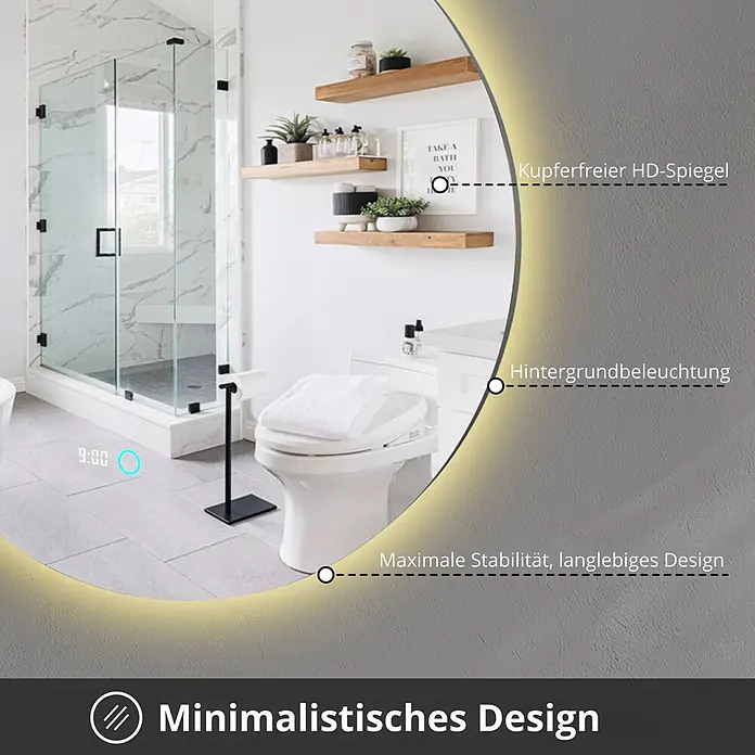 Lumoire Lichtspiegel RICHMOND - 100 x 100 cm - Runder, hinterleuchteter Badspiegel in minimalistischem Design, mit kupferfreier HD-Oberfläche und stabiler Konstruktion. Spiegelt ein modernes Badezimmer wider.