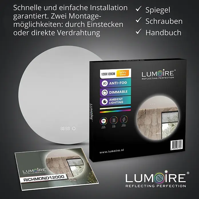 Lumoire Lichtspiegel RICHMOND -  - Runder LED-Spiegel mit Anti-Beschlag-, Dimm- und Umgebungslichtfunktion, zeigt eine digitale Zeitanzeige.