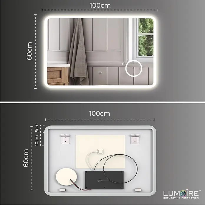 Lumoire Lichtspiegel ELYSIUM - 100 x 60 cm - Vorder- und Rückansicht eines 100x60cm rechteckigen beleuchteten Spiegels mit abgerundeten Ecken. Vorne Touch-Bedienelemente, hinten interne Verkabelung.