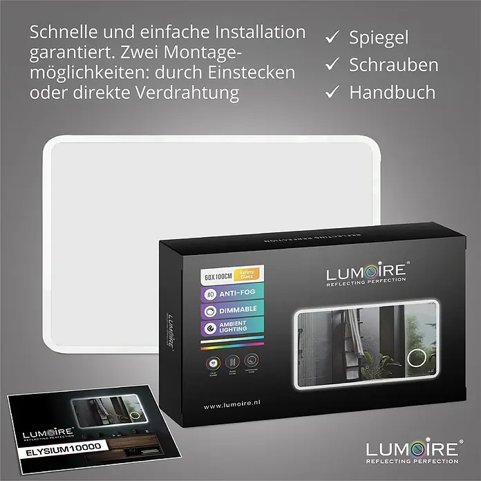 Lumoire Lichtspiegel ELYSIUM - 100 x 60 cm - Rechteckiger 60x100cm LED-Spiegel mit Anti-Beschlag, dimmbarer Umgebungsbeleuchtung und Sicherheitsglas.