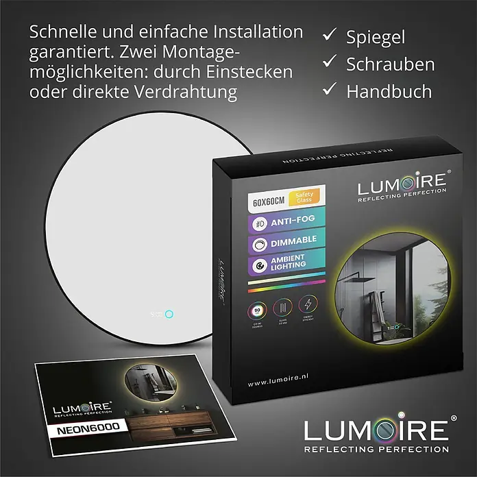 Lumoire Lichtspiegel NEON - 60 x 3 cm - Runder LED-Badezimmerspiegel mit Antibeschlag, dimmbarer Umgebungsbeleuchtung und Sicherheitsglas.
