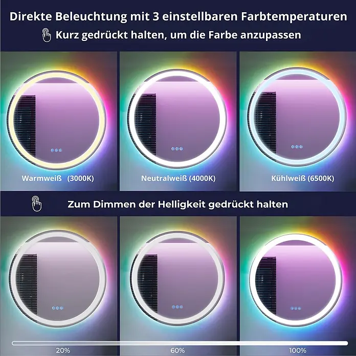 Lumoire Lichtspiegel MATRIX1 -  - Runder Spiegel mit direkter Beleuchtung, zeigt einstellbare Farbtemperaturen (warm, neutral, kaltweiß) und dimmbare Helligkeitsstufen.