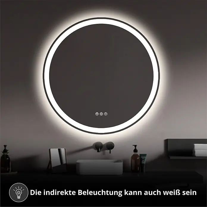 Lumoire Lichtspiegel MATRIX1 -  - Runder LED-Badspiegel mit indirekter weißer Hintergrundbeleuchtung über einem Waschbecken.