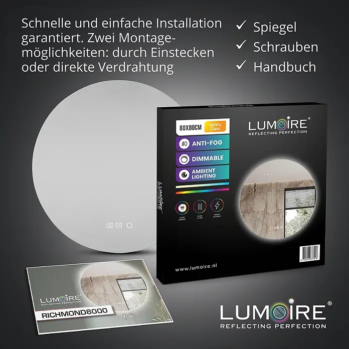 Lumoire Lichtspiegel RICHMOND -  - Runder beleuchteter Spiegel mit Digitaluhr, Verpackung und Broschüre.