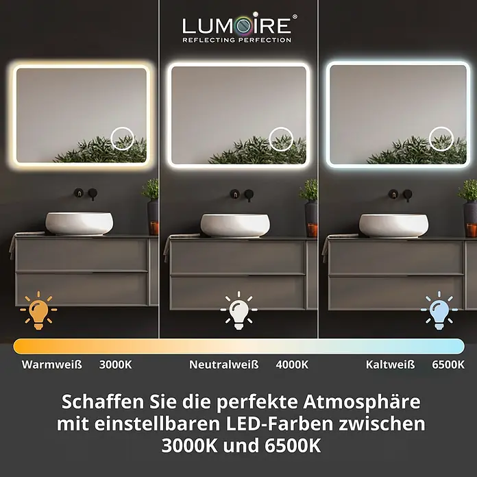 Lumoire Lichtspiegel ELYSIUM - 100 x 60 cm - Drei Ansichten eines beleuchteten LED-Spiegels im Bad, der Licht von warmweiß (3000K) bis kaltweiß (6500K) zeigt.