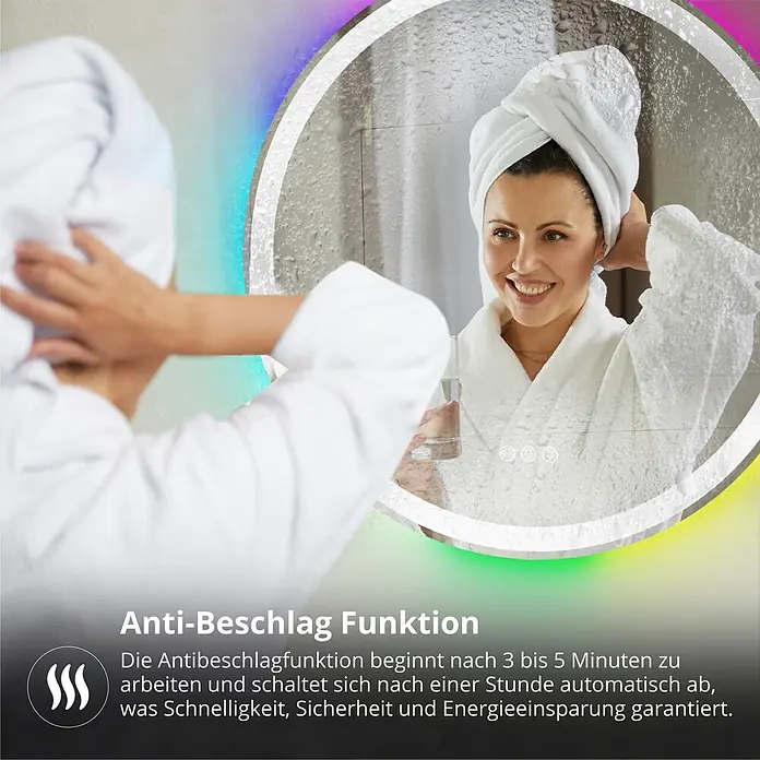 Lumoire Lichtspiegel MATRIX1 -  - Eine Frau blickt in einen Badezimmerspiegel, dessen Antibeschlagfunktion eine klare Sicht trotz Wasserdampf ermöglicht.