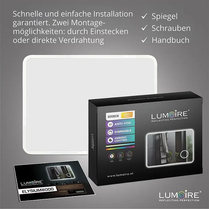 Lumoire Lichtspiegel ELYSIUM - 80 x 60 cm - Rechteckiger LED-Spiegel mit abgerundeten Ecken. Verpackung zeigt Merkmale: Antibeschlag, dimmbar, Umgebungsbeleuchtung und Sicherheitsglas.