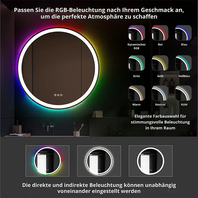Lumoire Lichtspiegel MATRIX1 -  - Runder LED-Spiegel mit anpassbarer RGB-Hintergrundbeleuchtung und unabhängiger direkter und indirekter Beleuchtung.