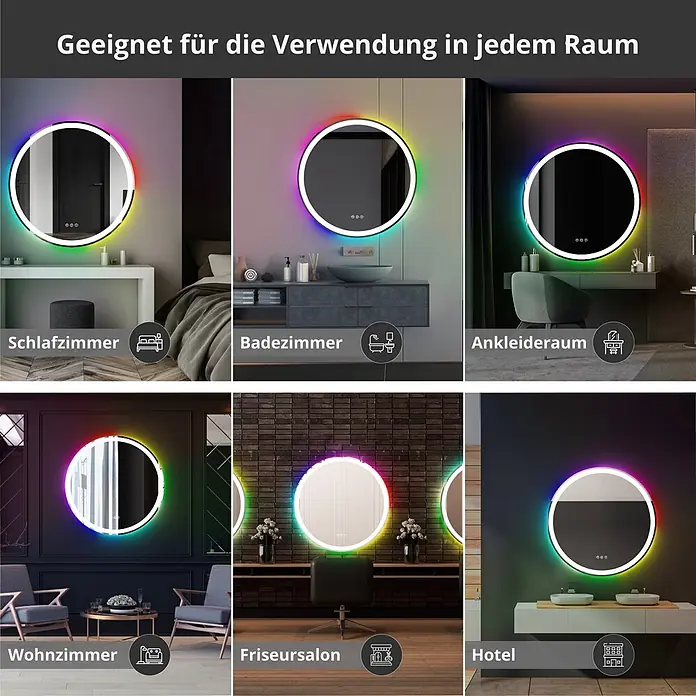 Lumoire Lichtspiegel MATRIX1 -  - Runder LED-Spiegel mit mehrfarbiger Hintergrundbeleuchtung, dargestellt in sechs verschiedenen Raumtypen, was seine Vielseitigkeit unterstreicht.