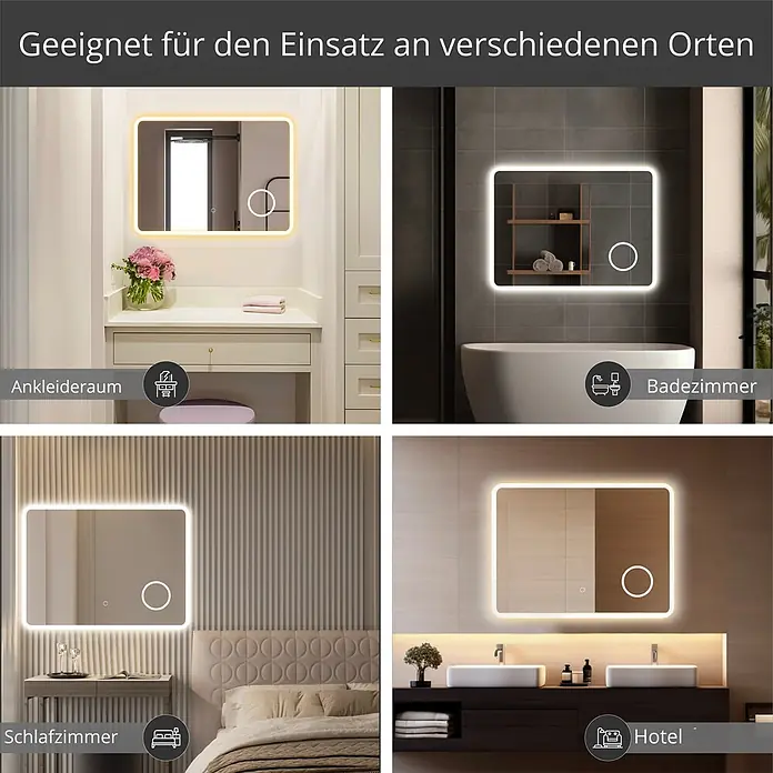 Lumoire Lichtspiegel ELYSIUM - 100 x 60 cm - Vielseitiger, hinterleuchteter Spiegel mit abgerundeten Ecken, gezeigt mit warmem und kaltem Licht in Ankleide-, Bade-, Schlafzimmer- und Hotelumgebungen.