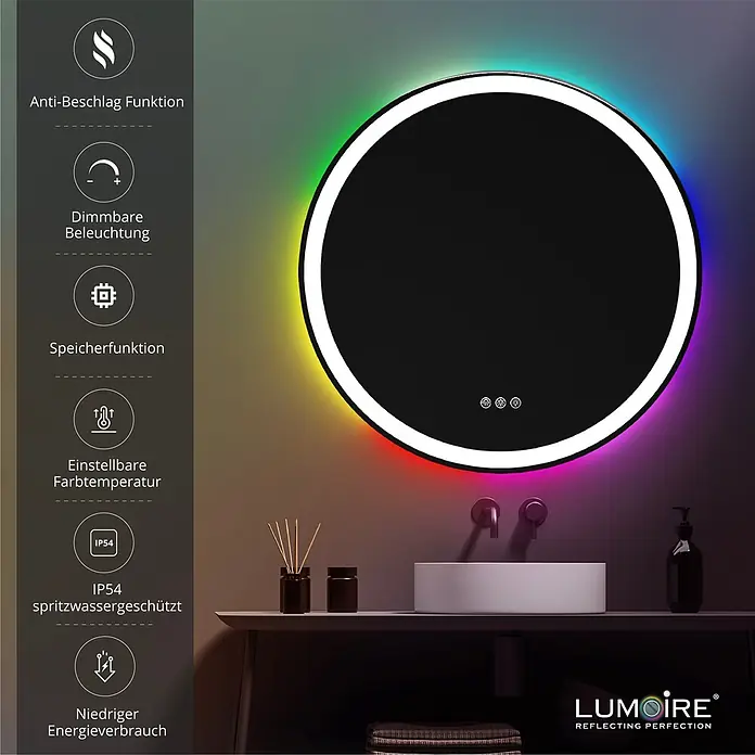 Lumoire Lichtspiegel MATRIX1 -  - Runder LED-Badspiegel mit Antibeschlagfunktion, dimmbarer Beleuchtung und farbiger RGB-Hintergrundbeleuchtung.
